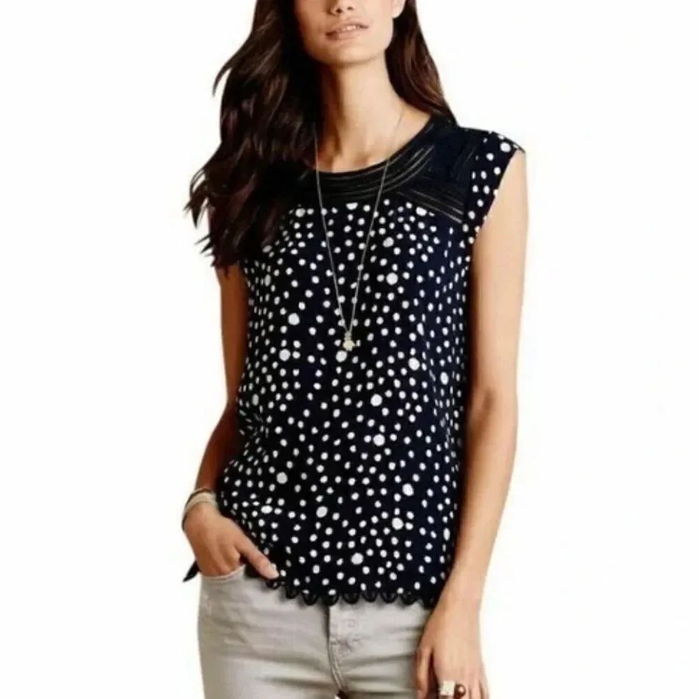 Anthropologie Meadow Rue Blue Polka Dot Sanna Top Women’s Small